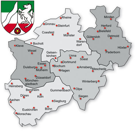 NRW Karte Regierungsbezirke und Wappenzeichen
